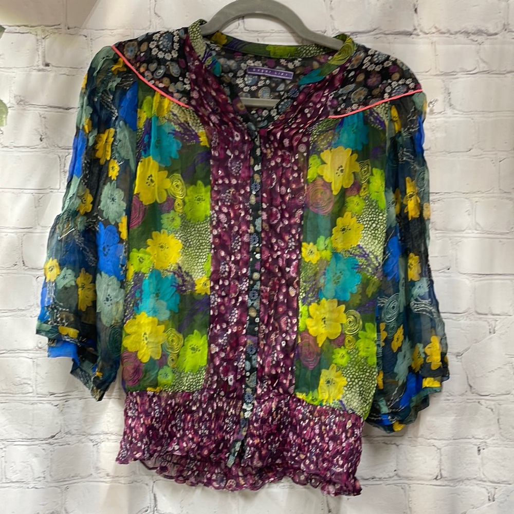 Sugar lips silk multi floral boho pattern sheer small top